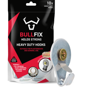 A pack of 10 heavy duty hooks that can be used in plasterboard, masonry or wood. The hooks have a safety clip to prevent mirrors or pictures from being knocked off the wall