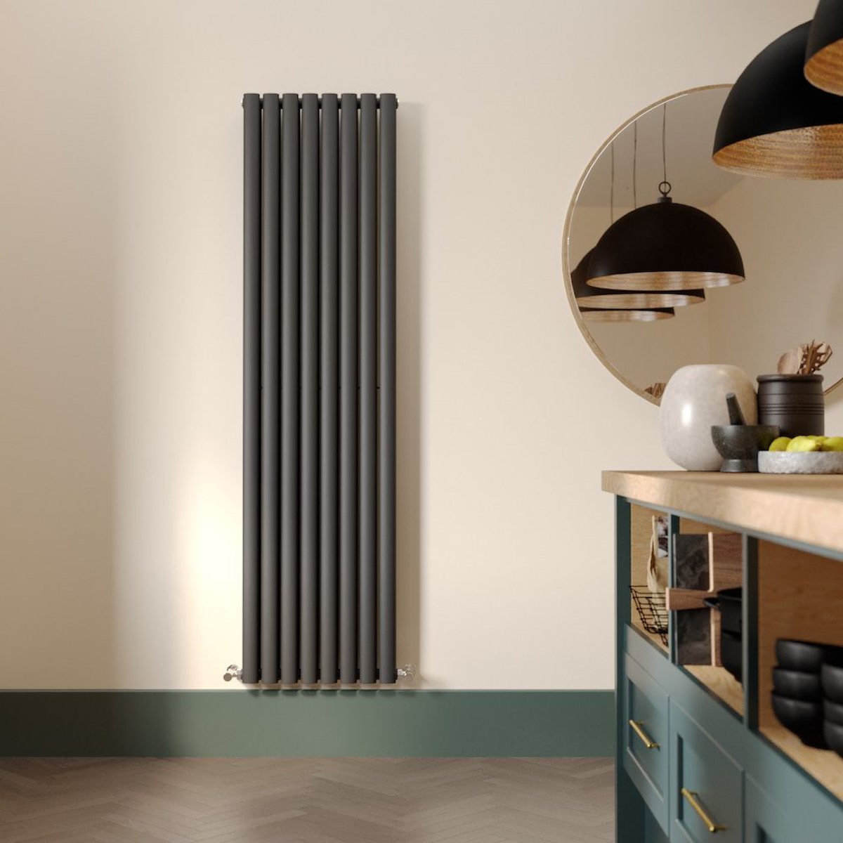a kitchen with a designer radiator installed on a plasterboard wall