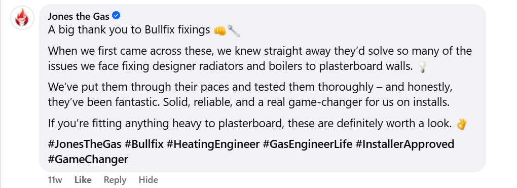 A quote from Jones the Gas's social account saying how much he likes the radiator adaptor brackets. He uses them for radiators and boilers.